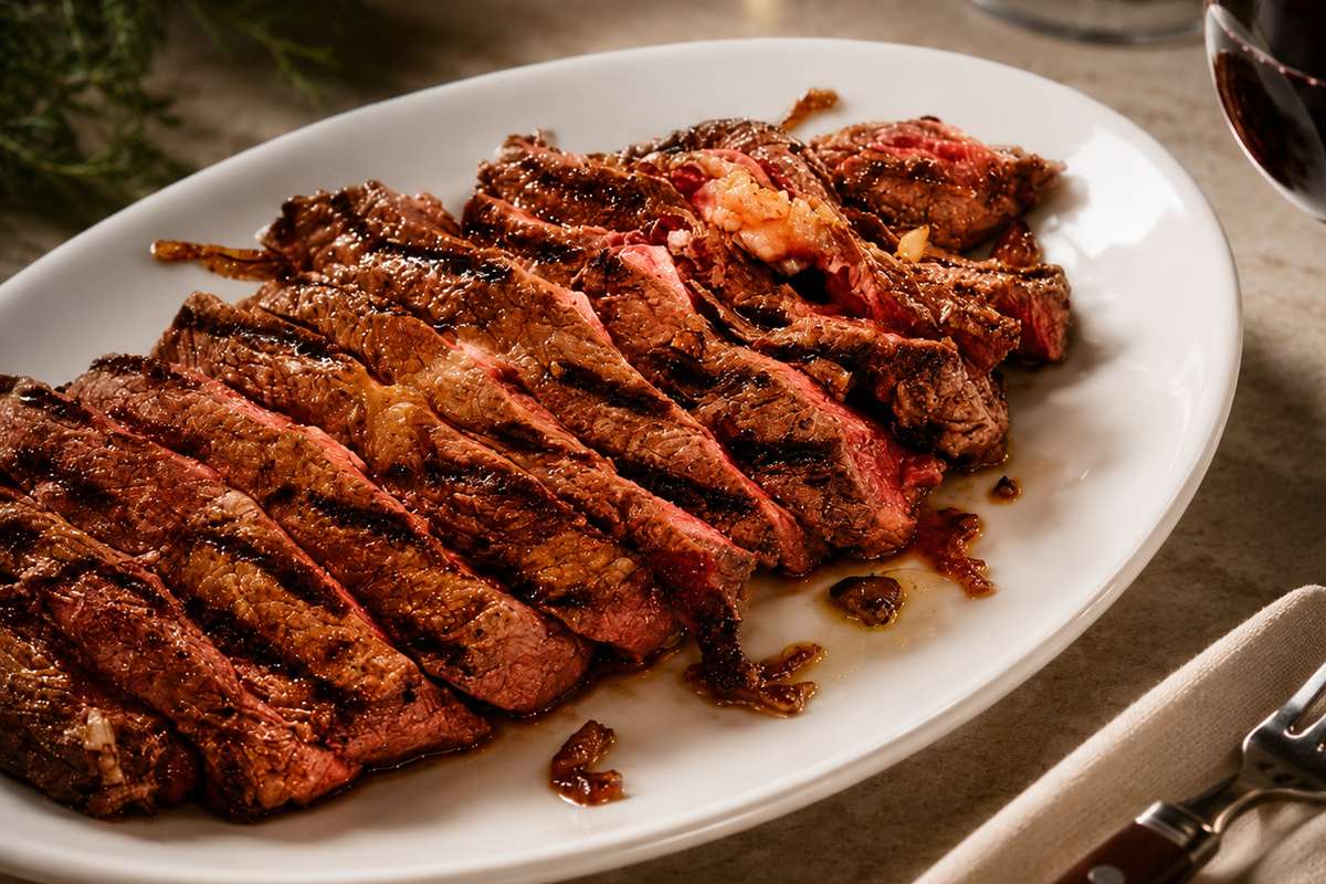 Tagliata di manzo alla griglia servita su un piatto bianco, con calice di vino rosso
